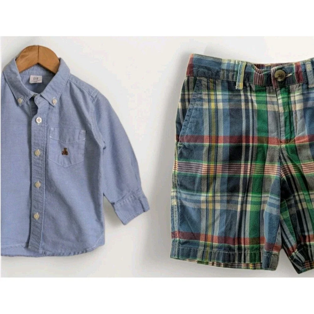 Baby Gap Toddler Boys Blue Oxford Button Down Shirt Plaid Shorts Set 18-24mo